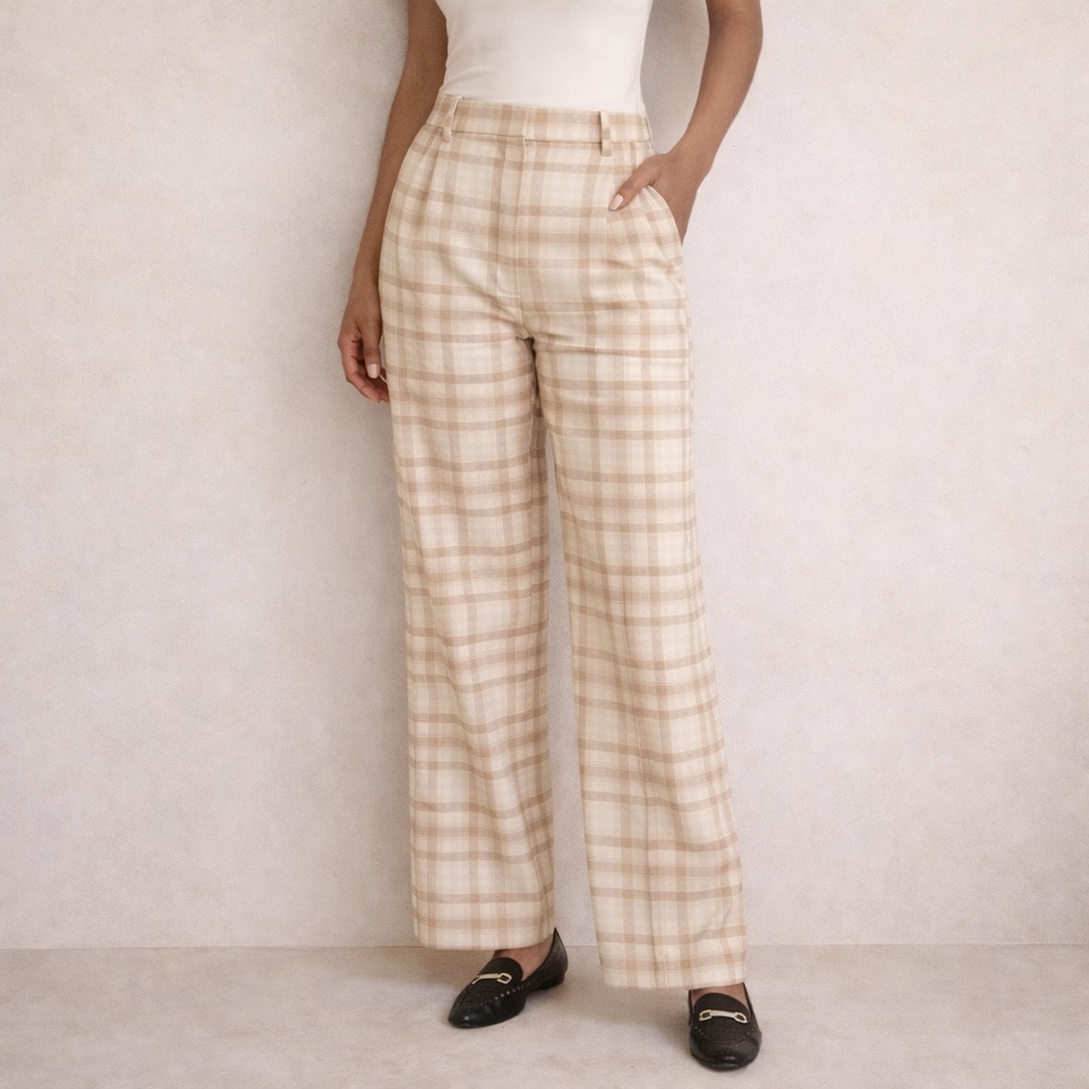 Aritzia Wilfred Effortless Plaid Wide Leg Trouser Darted High Waist Check 0 - Picture 1 of 15
